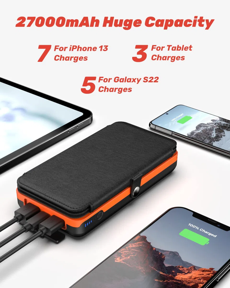 Caricabatterie Solare Power Bank - 27000mAh Solar 22,5W per Cellulare, Portatile a Ricarica Rapida con 4 Pannelli Solari e Torcia Elettrica, USB, per Telefoni Tablet Campeggio