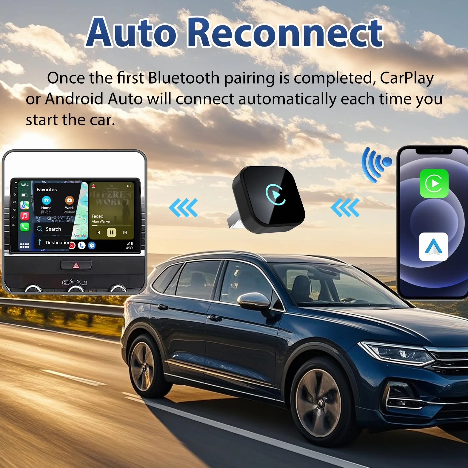 Adattatore wireless 2 in 1 CarPlay Android per auto, mini USB Plug & Play, compatibile dal 2016, connessione stabile, design ultra compatto