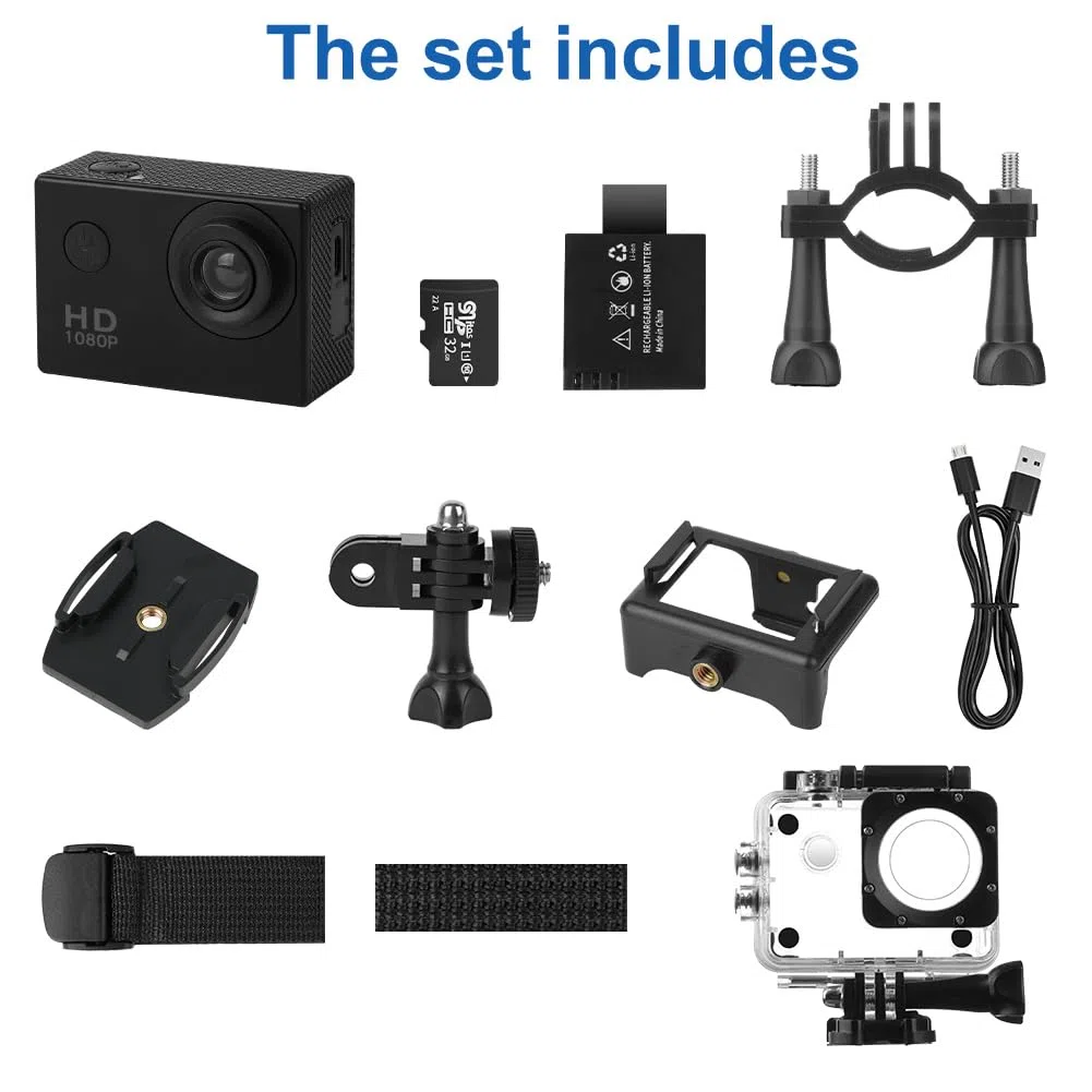 Aolso 1080P/30FPS Action Cam Con 32GB Scheda, Sports Camera Ultra HD Impermeabile fino a 30 m, Action Camera per Casco con Batterie 900 mAh e Accesorios Multiples per Ciclismo Sci Paracadutismo
