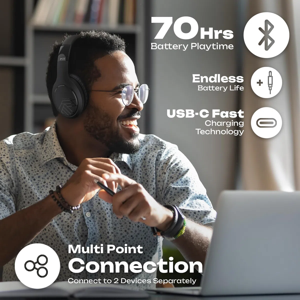 PowerLocus Cuffie Bluetooth, Cuffie Over-Ear con 60 ore di riproduzione, 3 - modalità di EQ, Cuffie Wireless Pieghevoli, Cuffie con Microfono, Hi-Fi Bassi Profondi per Viaggio/Android/Corso Online