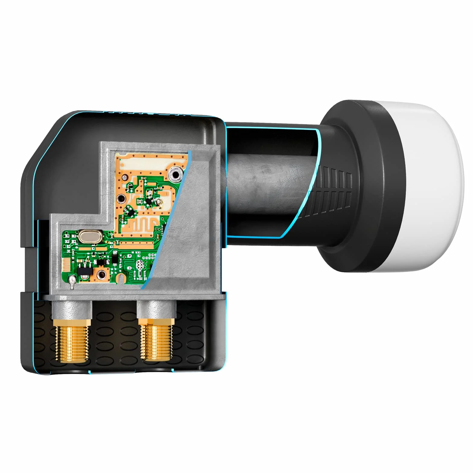 hb-digital Twin LNB - Test MOLTO BUONO* - per 2 utenti, filtro LTE, 2 uscite, Full HD 4K, 0,1 dB, con protezione dalle intemperie + 4 connettori F per TV, parabola satellitare - Nero