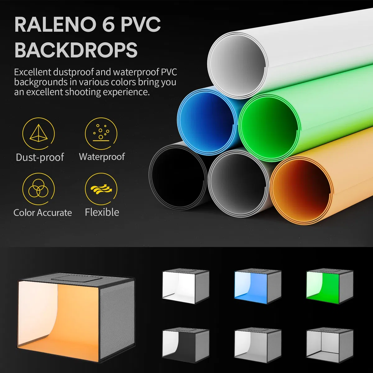 RALENO Studio Fotografico 40x40x30 cm Scatola Luce, Foto Box Portatile con Luce Regolabile 24W 5500K 97 CRI con 6 Sfondi in PVC per Fotografia