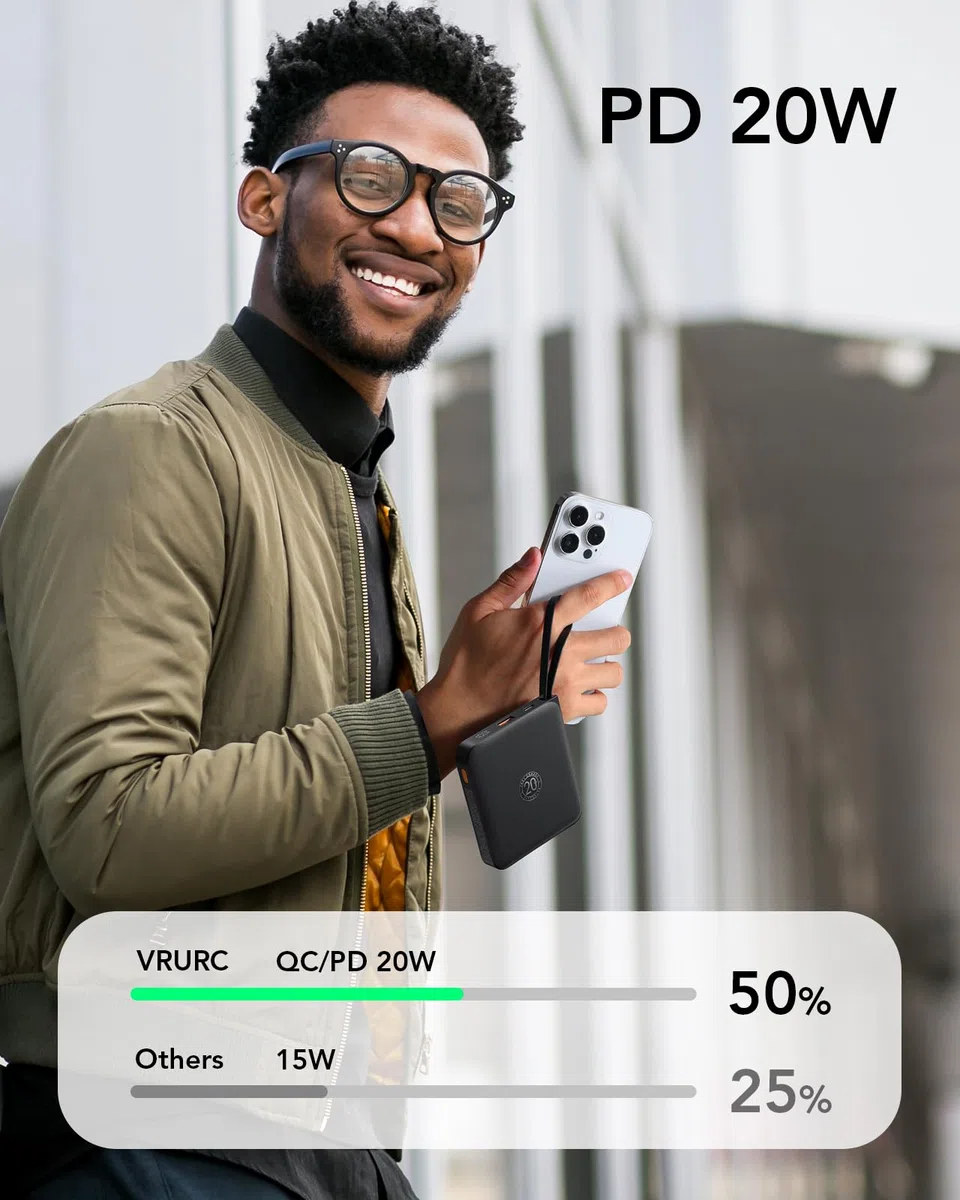 VRURC Power bank 10000mAh con 4 cavi integrati, 22.5W Batteria USB C a Ricarica Rapida, PowerBank per Cellulare Display LED per iPhone 15 14 Samsung Galaxy S23 Google Pixel Tablet Android - Nero