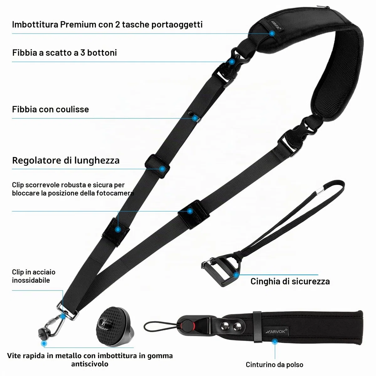 Arvok Tracolla Macchina Fotografica, Set di Tracolla Fotocamera e Cinturino da Polso, Cinghie per Fotocamera con Sgancio Rapido e Cordino di Sicurezza, Regolabile Tracolla per DSLR/SLR Fotocamera