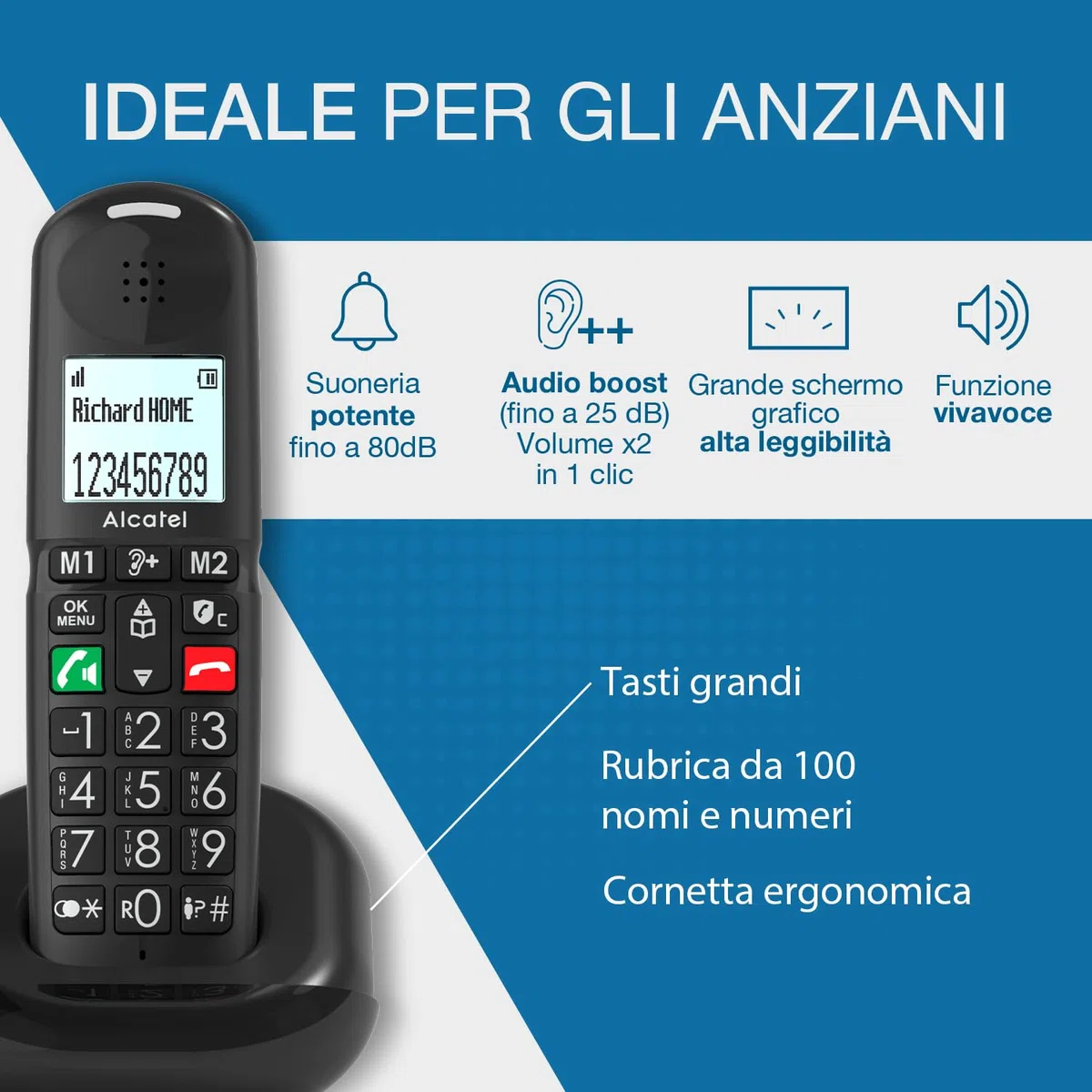 ALCATEL XL685 - Telefono fisso cordless DECT Senior Formato XL - Display grafico ad alta leggibilità - Tasti grandi - Boost Audio - Vivavoce - Blocco chiamate - Nero