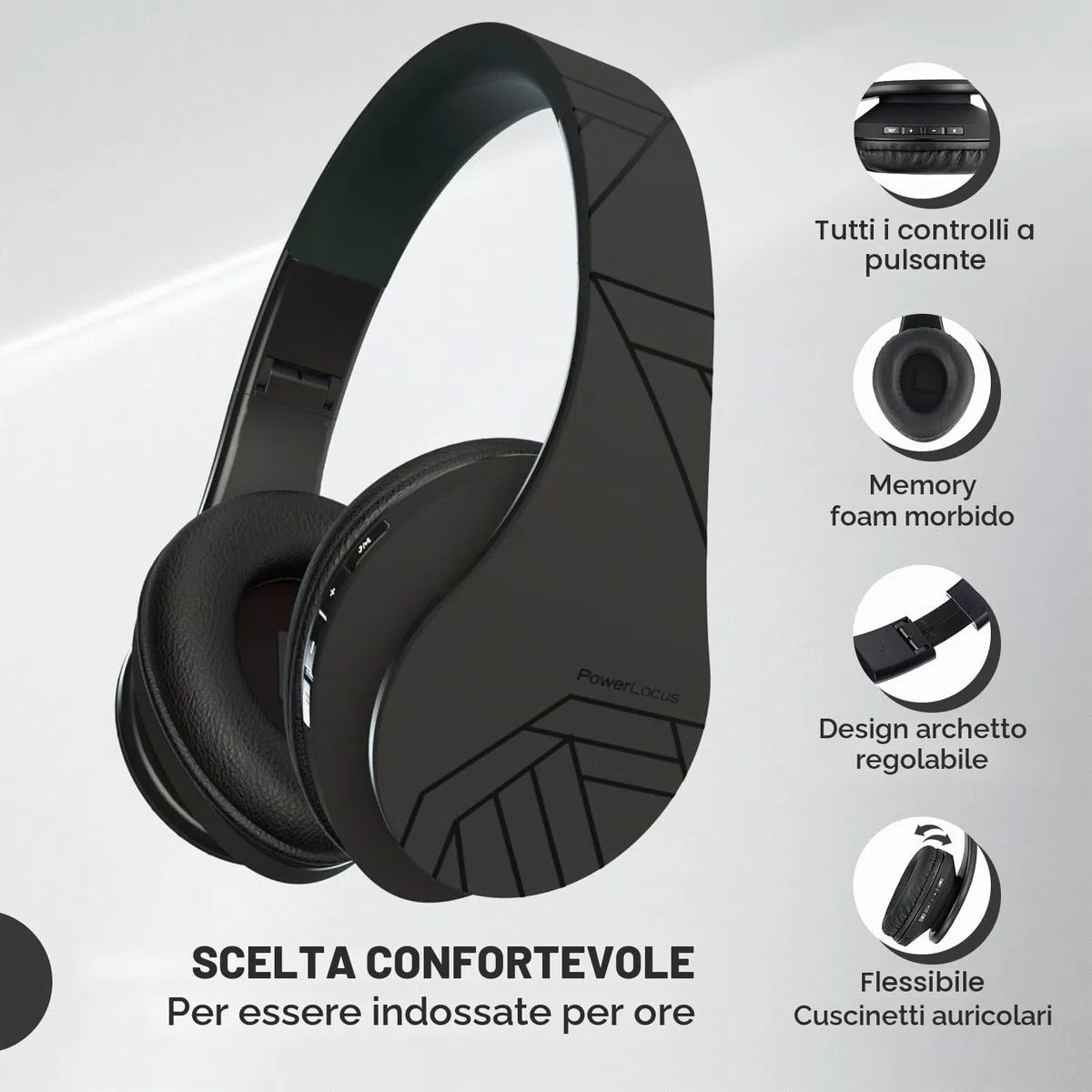 PowerLocus Cuffie Bluetooth Over Ear, Cuffie Wireless Bluetooth 5.3, Hi-Fi Stereo Suono, Senza Fili con Microfono, Pieghevoli, Micro SD/TF, FM Radio per Viaggio/Telefono/PC/Ufficio (Nero)