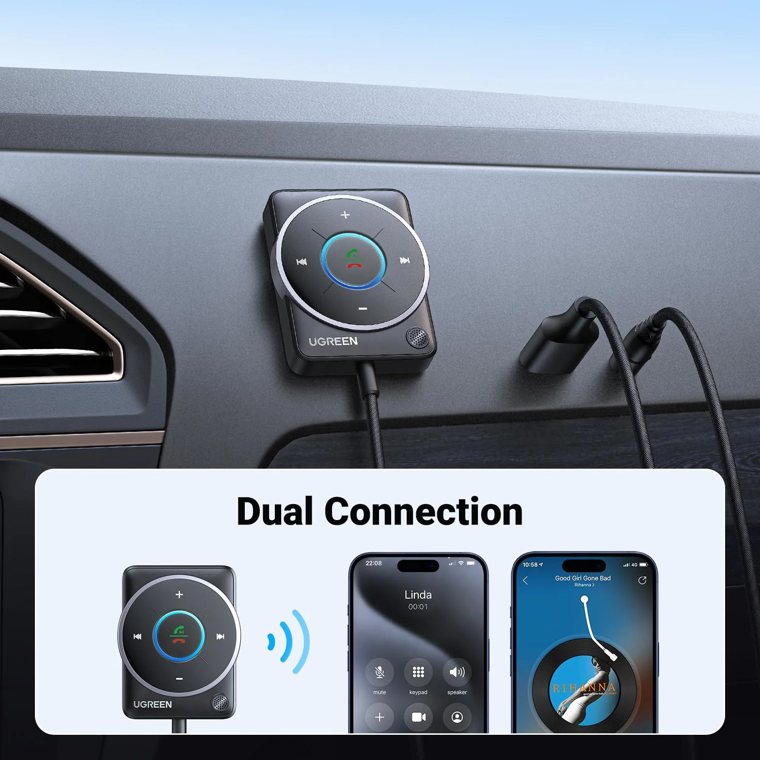 UGREEN Ricevitore Bluetooth 5.4 Adattatore per Auto con Jack AUX da 3,5 mm Pulsante Multifunzione Audio Wireless Chiamate in Vivavoce Doppia Connessione Luce RGB Compatibilità con Autoradio