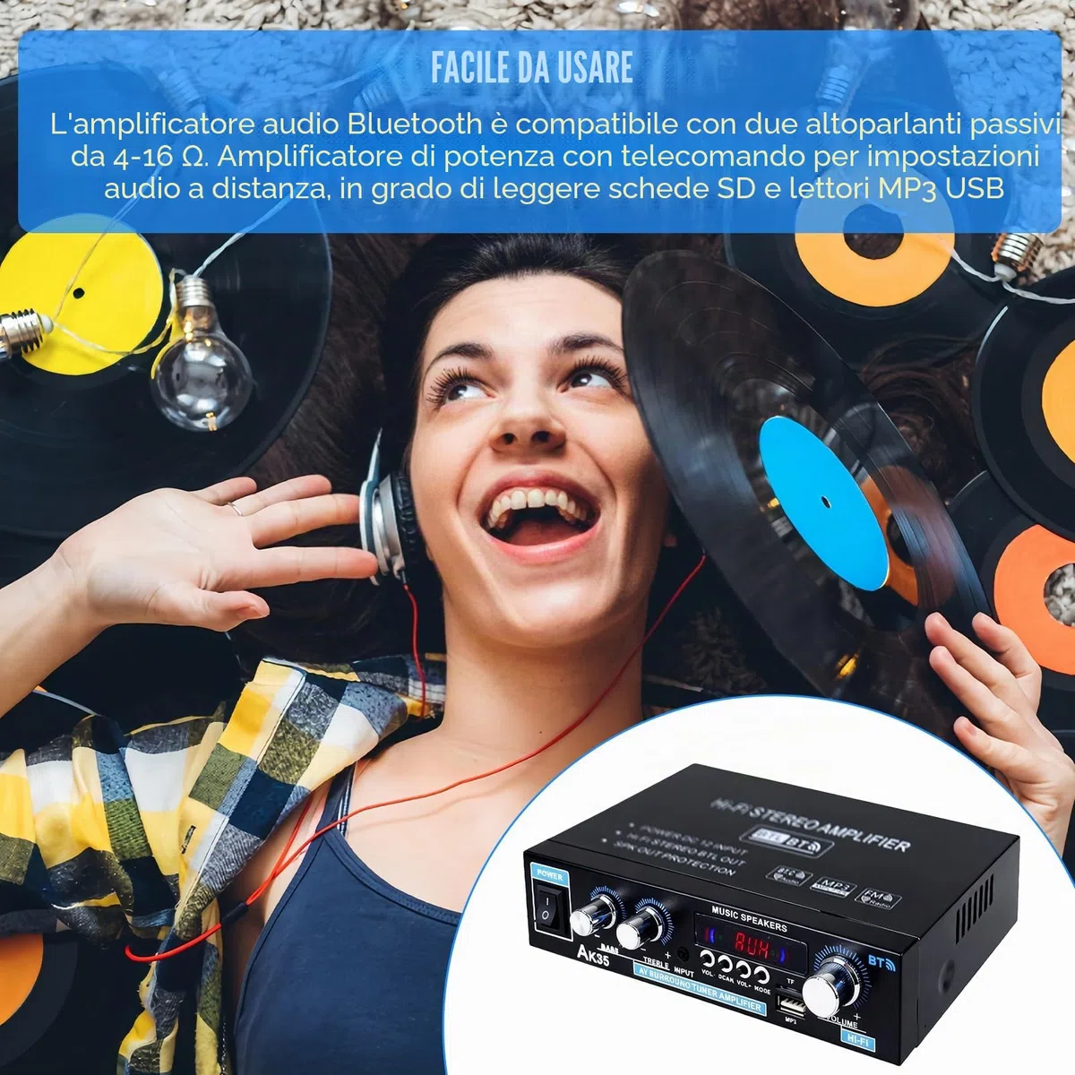 AK35 Amplificatore HiFi Bluetooth 5.0 2.0 Canali 30W X 2 Amplificatore Stereo HiFi Amplificatore Finale di Potenza Mini Radio Audio Amplificatore Ricevitore con Radio FM, Telecomando, Scheda SD, USB