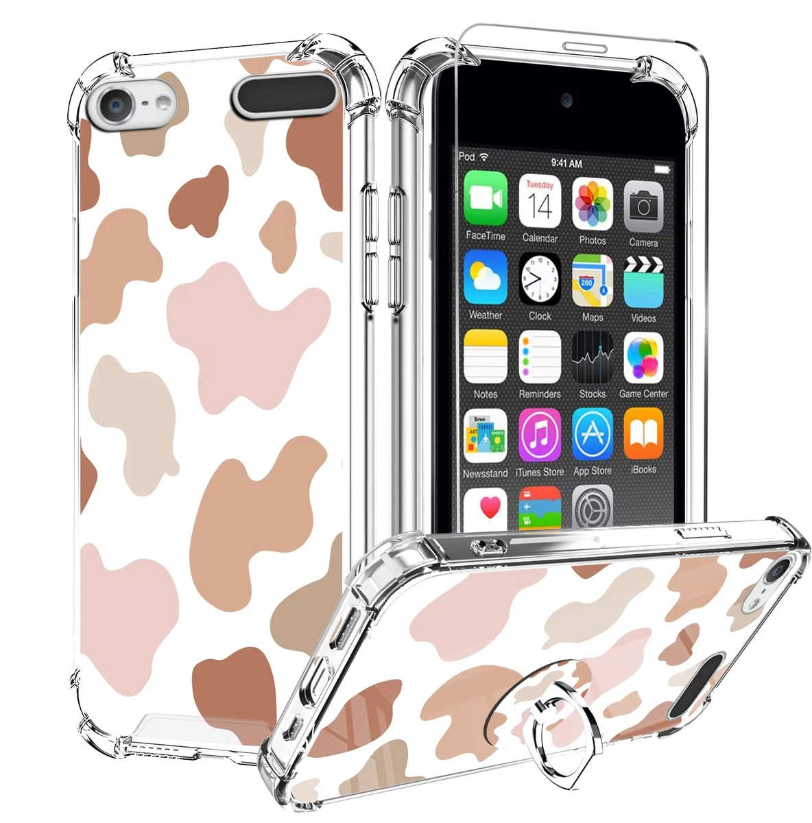 KANGHAR Custodia per iPod Touch 7/6/5 iPod Touch 5a/6a/7a generazione in morbido poliuretano termoplastico, con stampa di mucca, con pellicola proteggi schermo, supporto ad anello con cavalletto