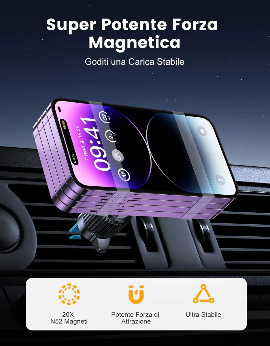 EOIWUY Caricatore Wireless Auto Compatibile con MagSafe, 15W Rapida Caricabatterie Porta Cellulare Auto Magnetico Bocchette Aria, Ricarica Wireless Auto Compatibile con iPhone Serie 17/16/15/14