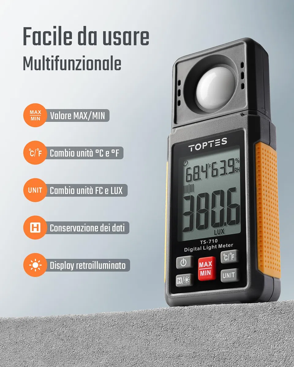 TopTes TS-710 Luxmetro Digitale, Luxmetro Portatile con Sensore Rotato di 180º, Schermo LCD Retroilluminato, Unità Lux/FC, per Interni LED ed Esterni per Piante - Batteria Inclusa