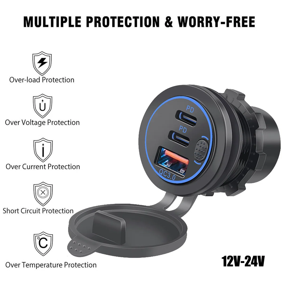 Presa USB 12V, 75W, PD e QC3.0 per Moto, Presa USB Impermeabile da Incasso 12-24V con Interruttore e Luce LED Blu, per Auto, Barche, Camion, Roulotte, Motociclette (2 Pezzi)