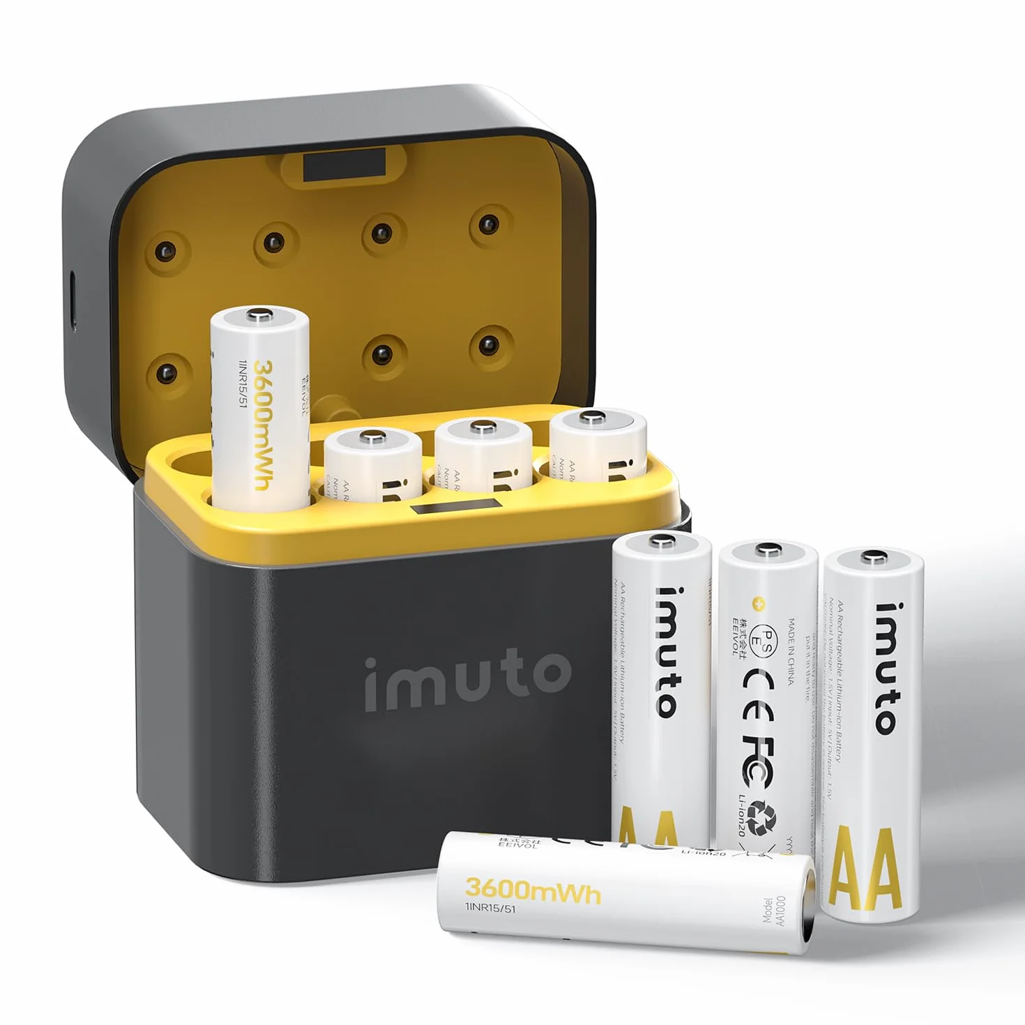 imuto 1.5V Batterie AA ricaricabili 3600mWh, Pile Ricaricabili AA Litio 1600 Cicli con display a LED nero ricarica rapida, 8 pezzi