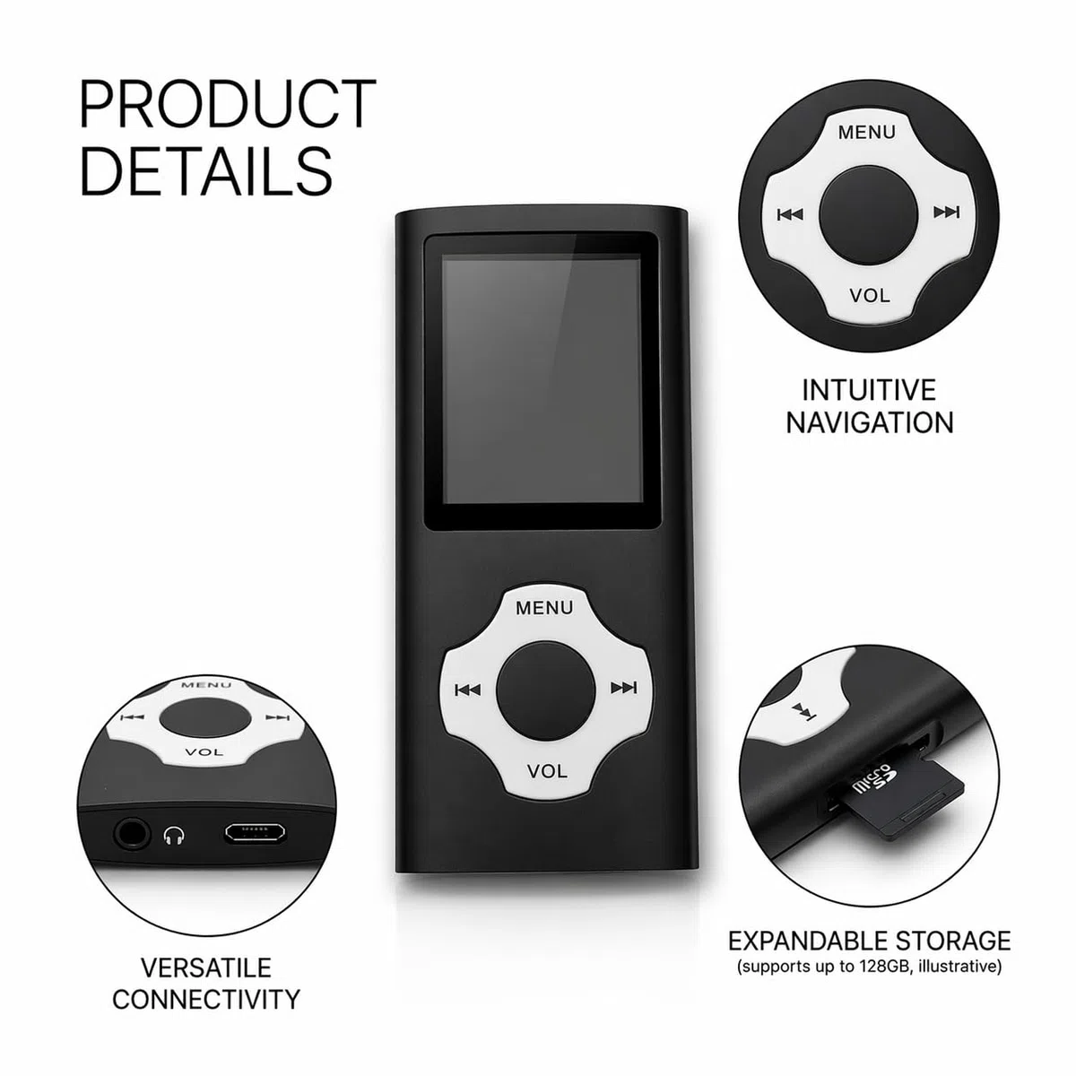 Lettore MP3 32GB Portatile HiFi in Metallo con Schermo 1,8", Lettore Musicale MP4 con Radio FM, Memoria Espandibile fino a 128GB, Riproduzione 18 Ore, Registratore Vocale per Sport e Viaggi