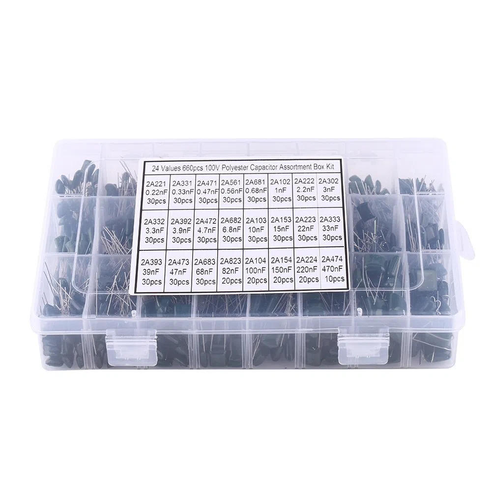 Duokon Kit Assortimento Condensatori a Film in Poliestere, Set di Condensatori Elettronici 660 Pezzi 24 Valori, 100 V da 0,22 NF a 470 NF con Scatola Trasparente per Studenti di Laboratori di