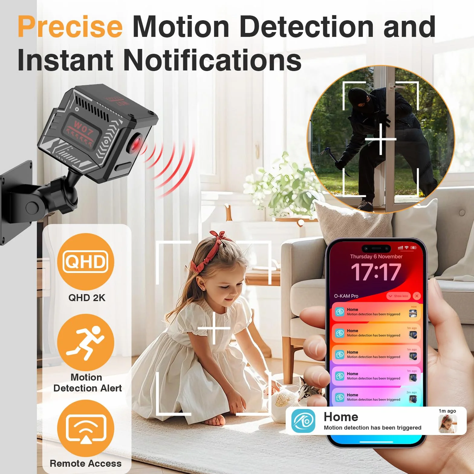 Mini Telecamera WiFi Interna 2K Videocamera Sorveglianza con Visione Notturna, 5 Ore Autonomia, Notifiche Movimento Istantanee, Registrazione Ciclica,Doppia Memoria SD/Cloud, Controllo Remoto Con App