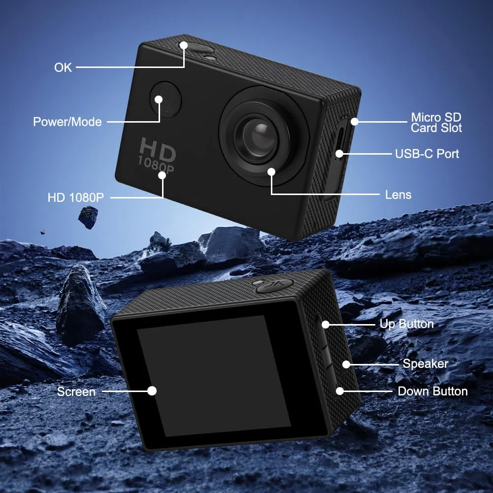 Aolso 1080P/30FPS Action Cam Con 32GB Scheda, Sports Camera Ultra HD Impermeabile fino a 30 m, Action Camera per Casco con Batterie 900 mAh e Accesorios Multiples per Ciclismo Sci Paracadutismo