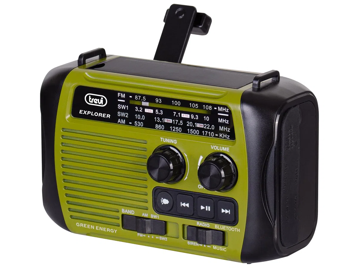 Trevi RA 7F30 BT Radio Portatile Multibanda FM/AM/SW con Lettore MP3 Wireless, Funzione Power Bank e Torcia LED, Ricarica Solare, a Dinamo o USB-C, Ideale per Emergenze, Campeggio, Viaggi, Verde