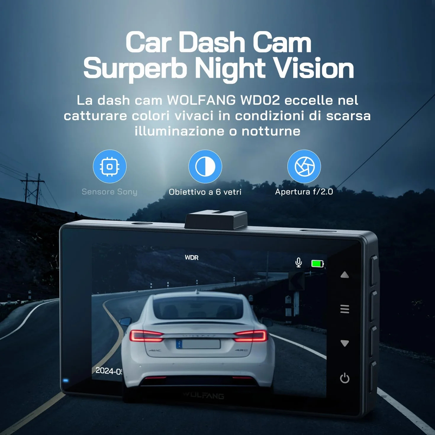 WOLFANG 2.5K Doppia Dashcam, Dash Cam Auto IPS 3" con Grandangolo di 310°, 1440P+1080P FHD Telecamera, Visione Notturna,G-Sensor, WDR, Monitor di Parcheggio, Registrazione in Loop