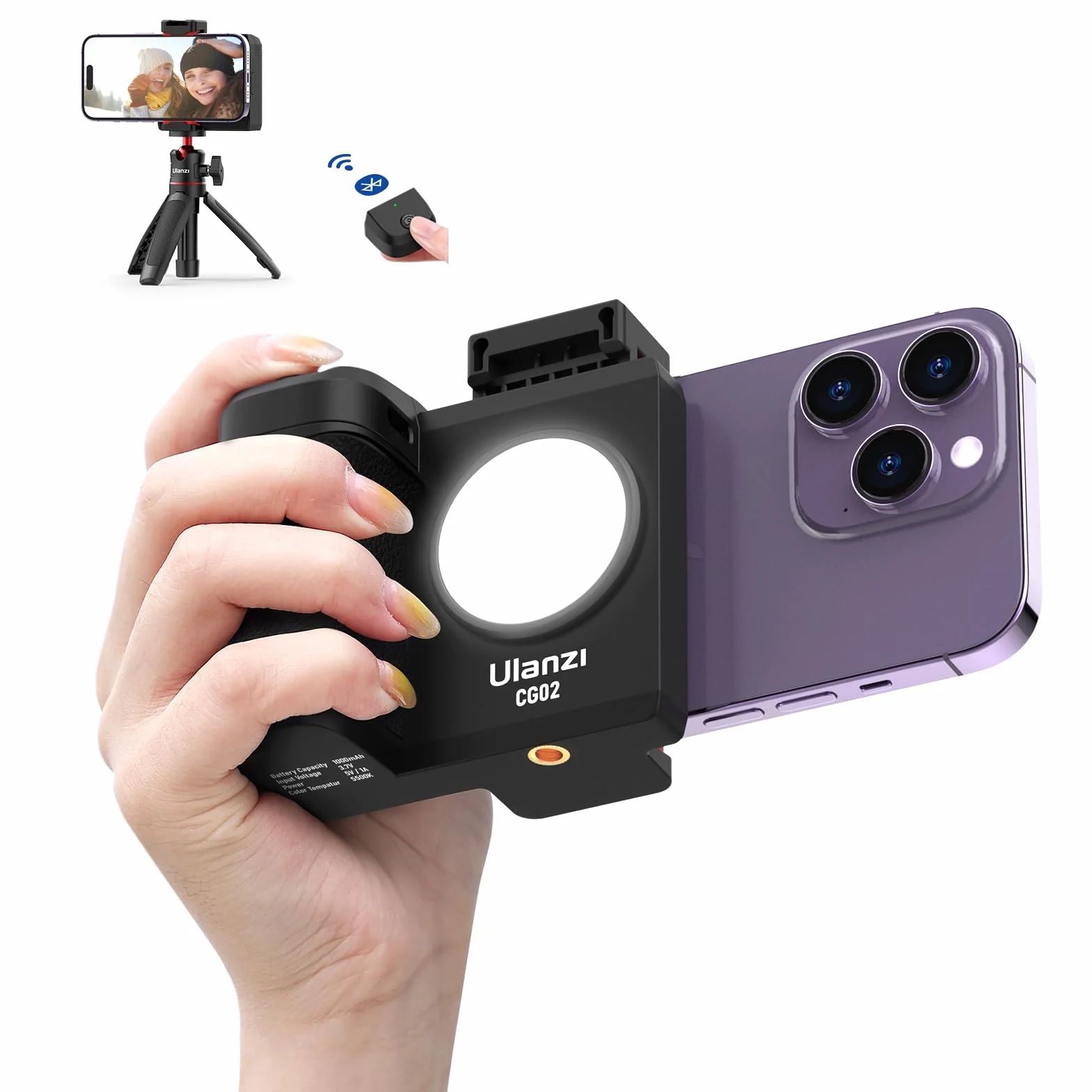 ULANZI CapGrip CG02 Smartphone Grip, Impugnatura per Smartphone con Telecomando Bluetooth, iPhone Camera Grip con Luce Regolabile su 3 Livelli per Catturare Selfie