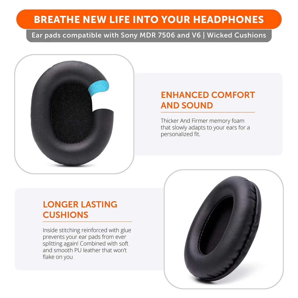 Cuscinetti sostitutivi WC Wicked Cushions per Sony MDR 7506 | Pelle morbida, lussuosa schiuma di memoria, durata ineguagliabile | Compatibile con MDR 7506 / MDR V6 / MDR CD900ST (nero)