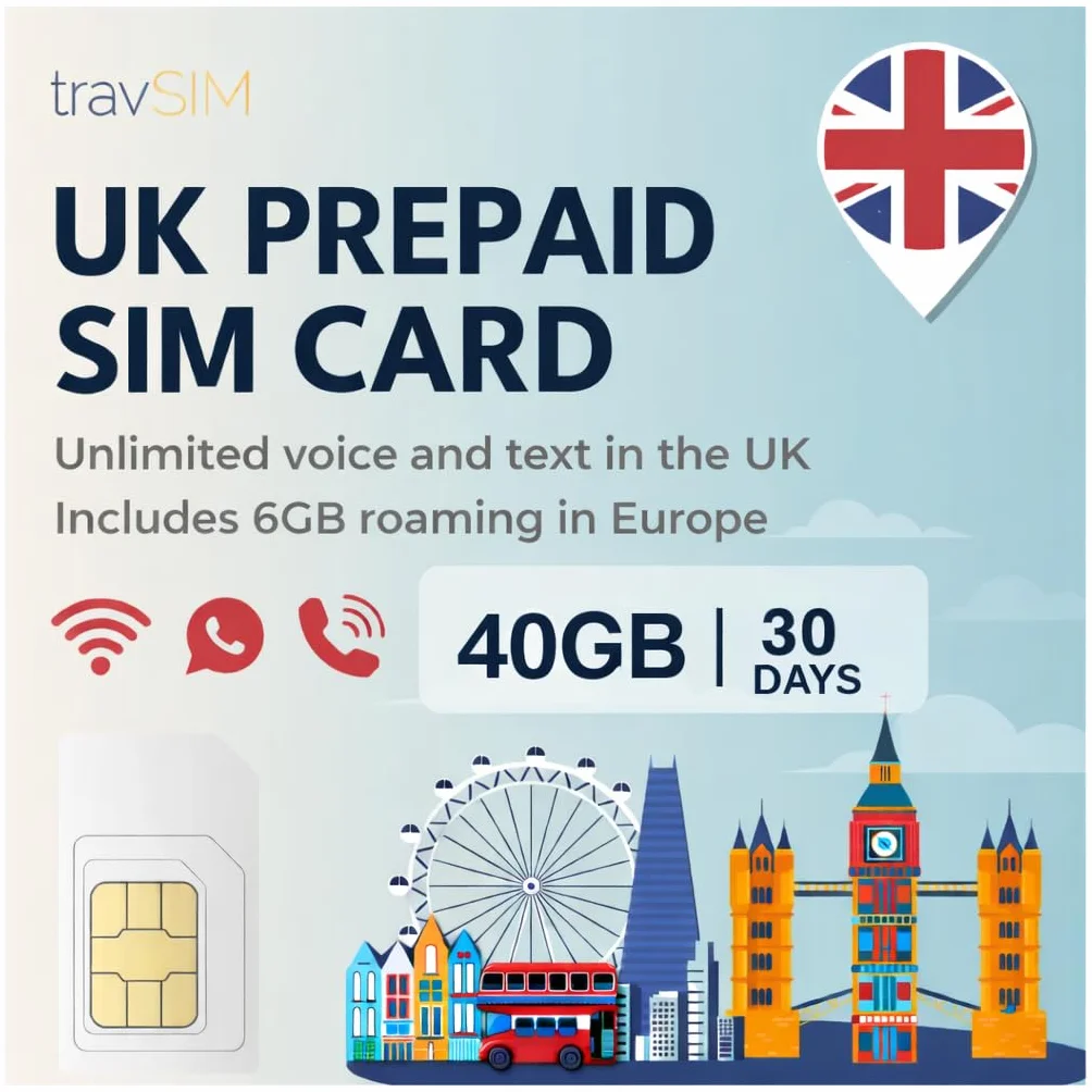 travSIM UK SIM Card | 60GB di Dati + Chiamate e SMS Illimitati nel Regno Unito | 6GB di Roaming in Europa | Dati Mobili Prepagati Veloci 4G/5G | Validità 30 Giorni