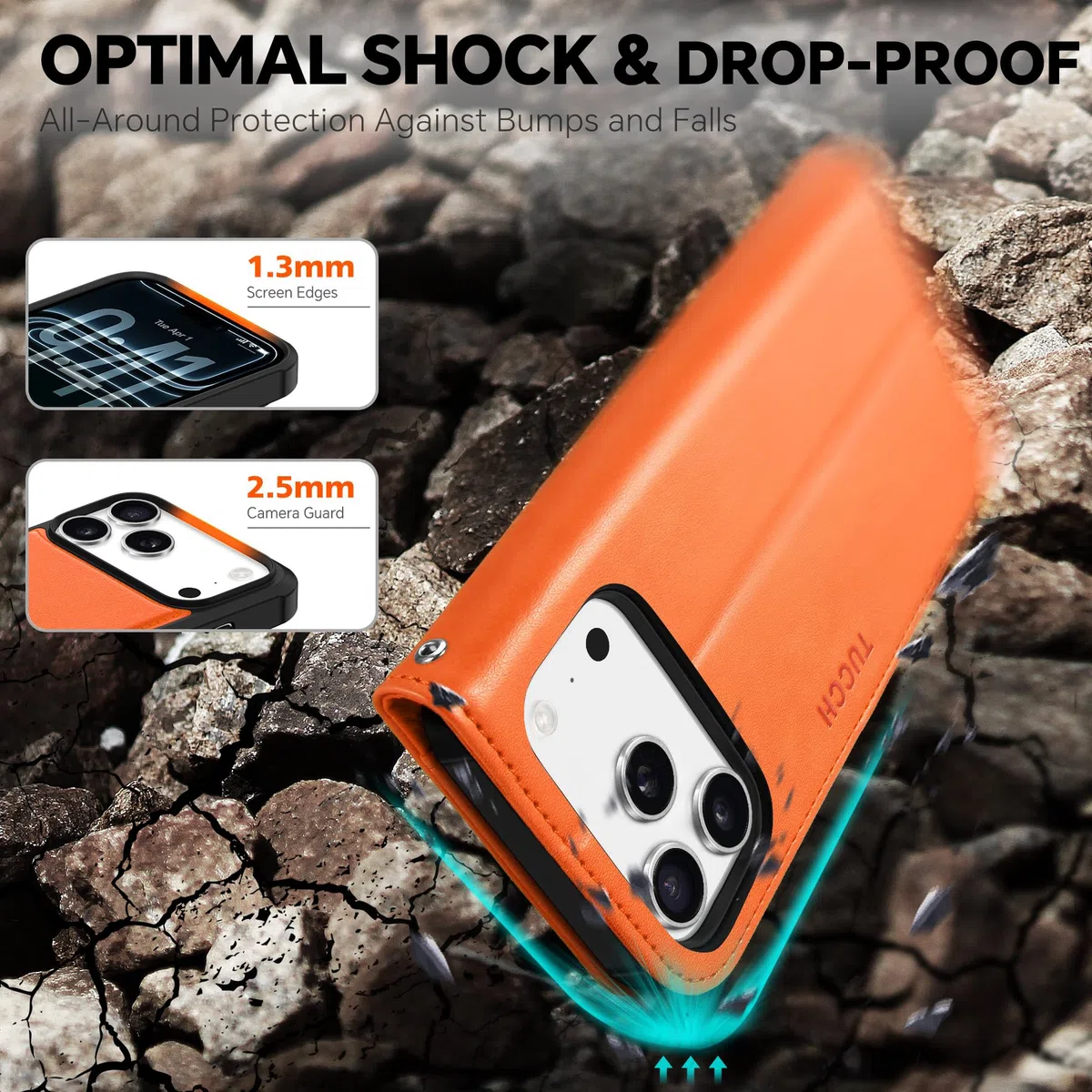 TUCCH Cover 2 in 1 per iPhone 17 Pro 6,3-pollici 5G 2025 [Blocco RFID] | Custodia Pelle PU Antiurto Portafoglio [Slot Schede] Cinturino Rimovibile Flip Cover Cavalletto Magnetica, Arancione Cosmico