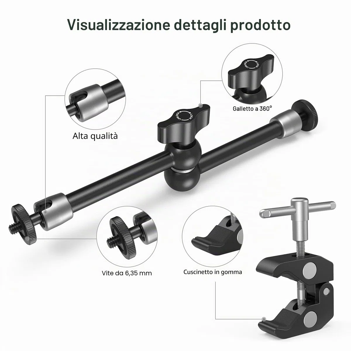 SMALLRIG Super morsetto e braccio magico articolato a attrito regolabile da 10 pollici con vite da 1/4" per monitor LCD/luci LED - 2732B