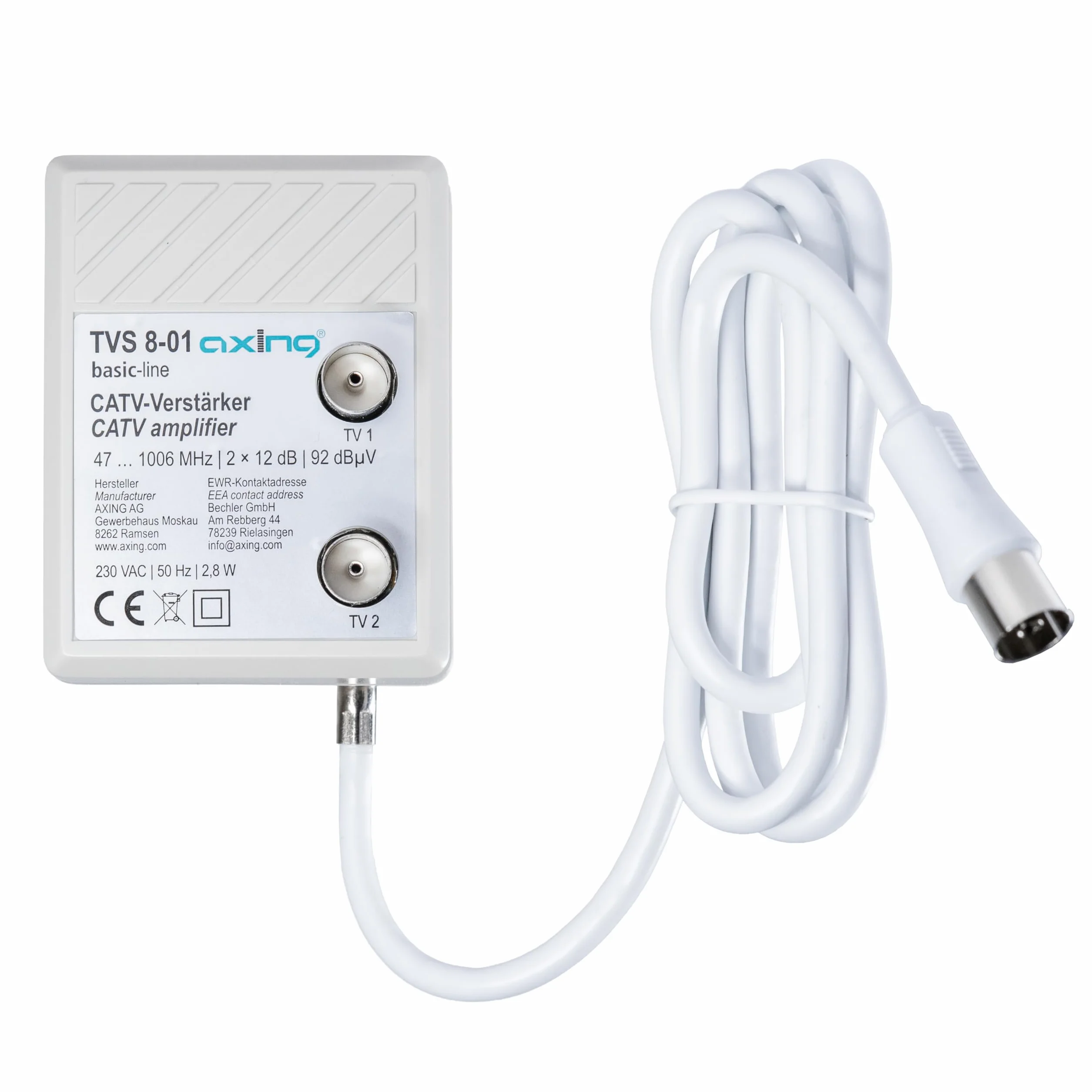 Axing Amplificatore a banda larga TVS 8-01 con 2 uscite (2 x 12 dB) per cavo DTT e FM o TV
