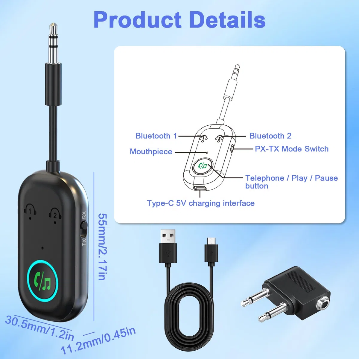 Trasmettitore Bluetooth 5.3, Adattatore Bluetooth 2-in-1, Adattatore Cuffie Aereo Supporta 2 Auricolare, 3.5 mm AUX Jack Trasmettitore per TV, Telefono Mobile, Car Audio Systems, Palestra