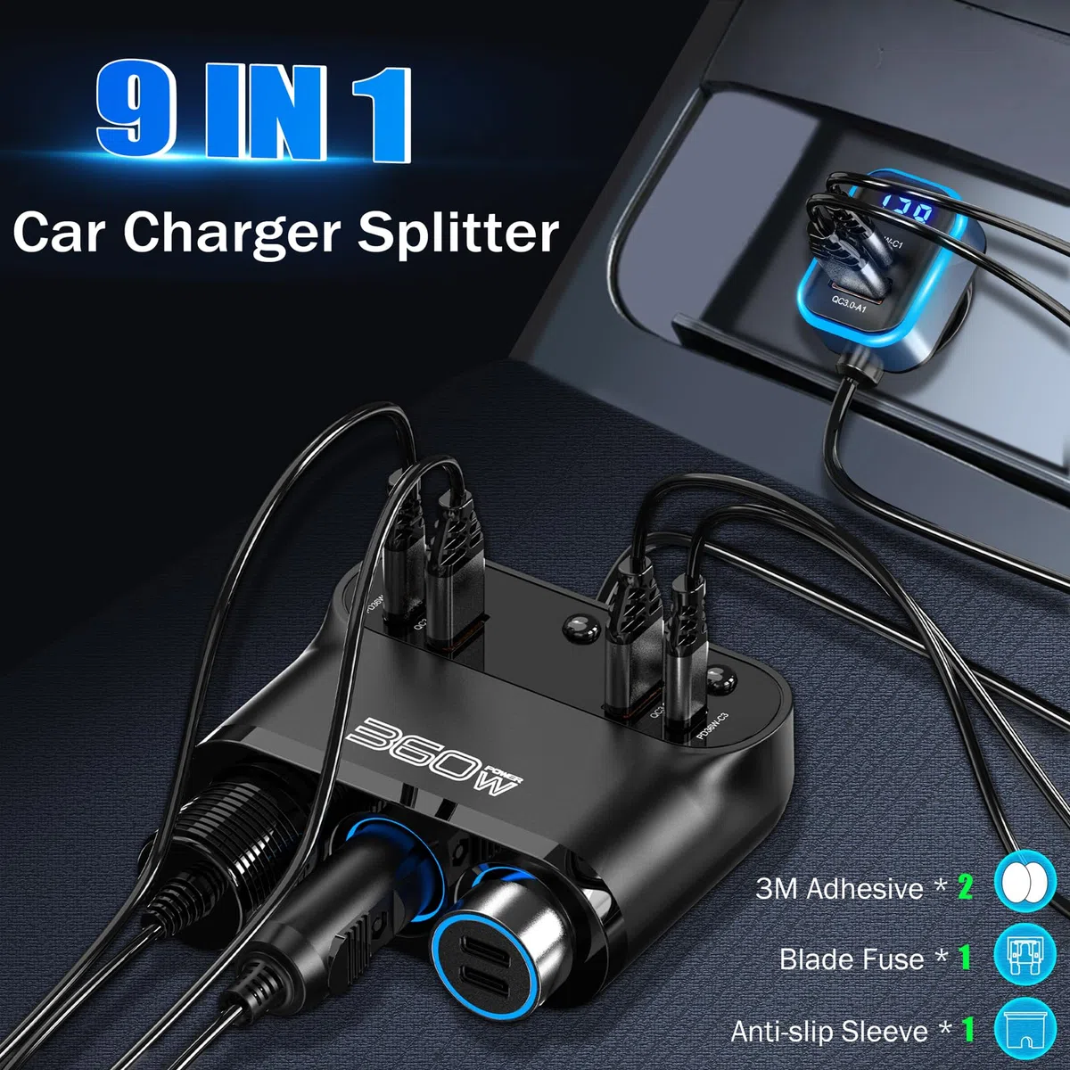 360W Avanzato 9 IN 1 Multi Presa Accendisigari Sdoppiatore per Auto, 36W PD USB Caricatore Adattatore Accendisigari 12V/24V con Interruttore Voltmetro Ricarica Rapida iPhone, Samsung, Dash Cam