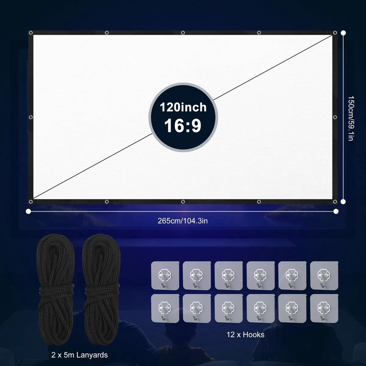 Tela per proiettore da 120", 16:9, HD, pieghevole, 265 x 150 cm, portatile, anti-pieghe, per esterni e interni, lavabile, per casa, scuola, riunioni, campeggio
