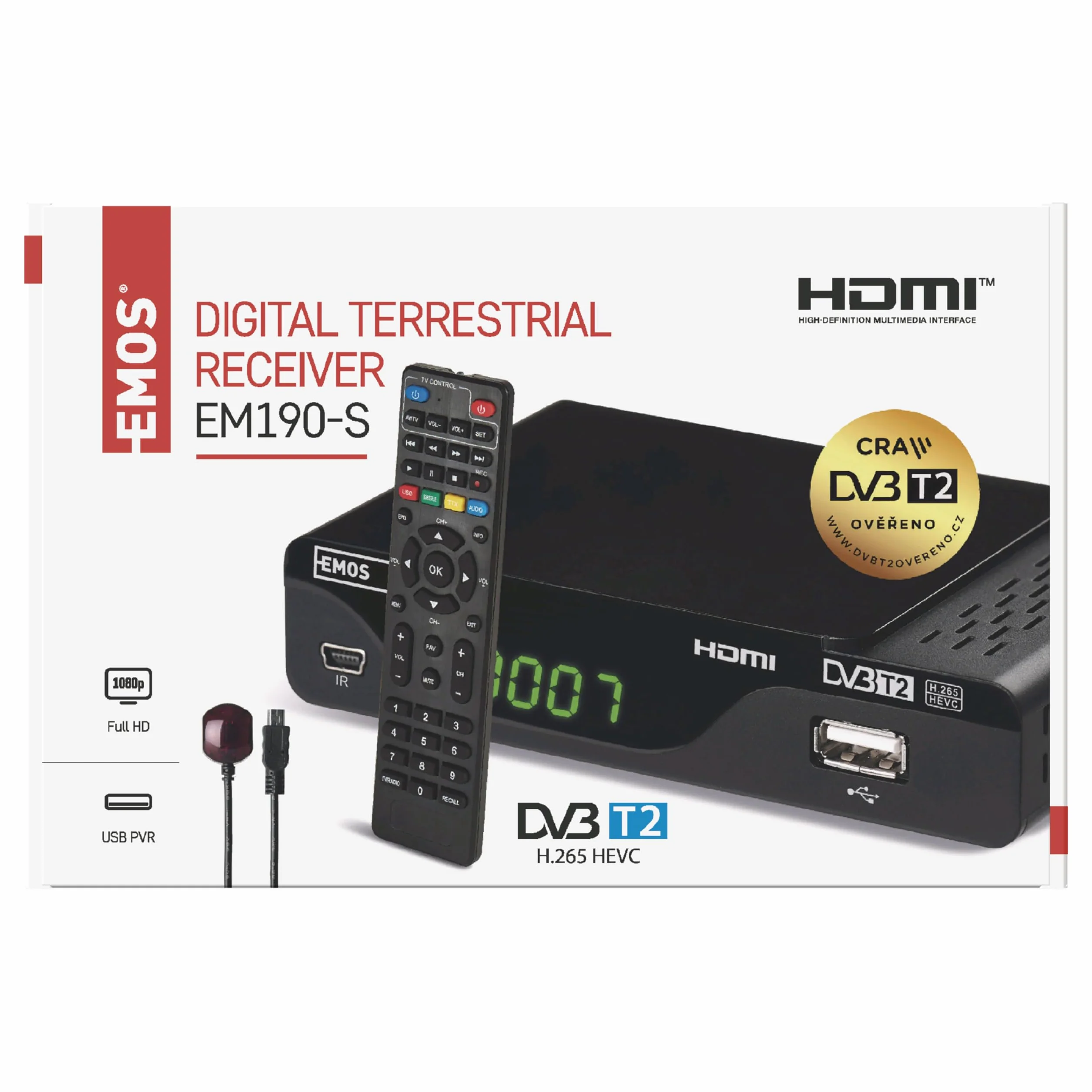 EMOS Decoder DVB-T2, recivitore digitale terrestre H.265 HEVC HD con connessione USB, HDMI, SCART e coassiale, telecomando e infrarossi, PVR, lettore multimediale e funzione EPG, Nero