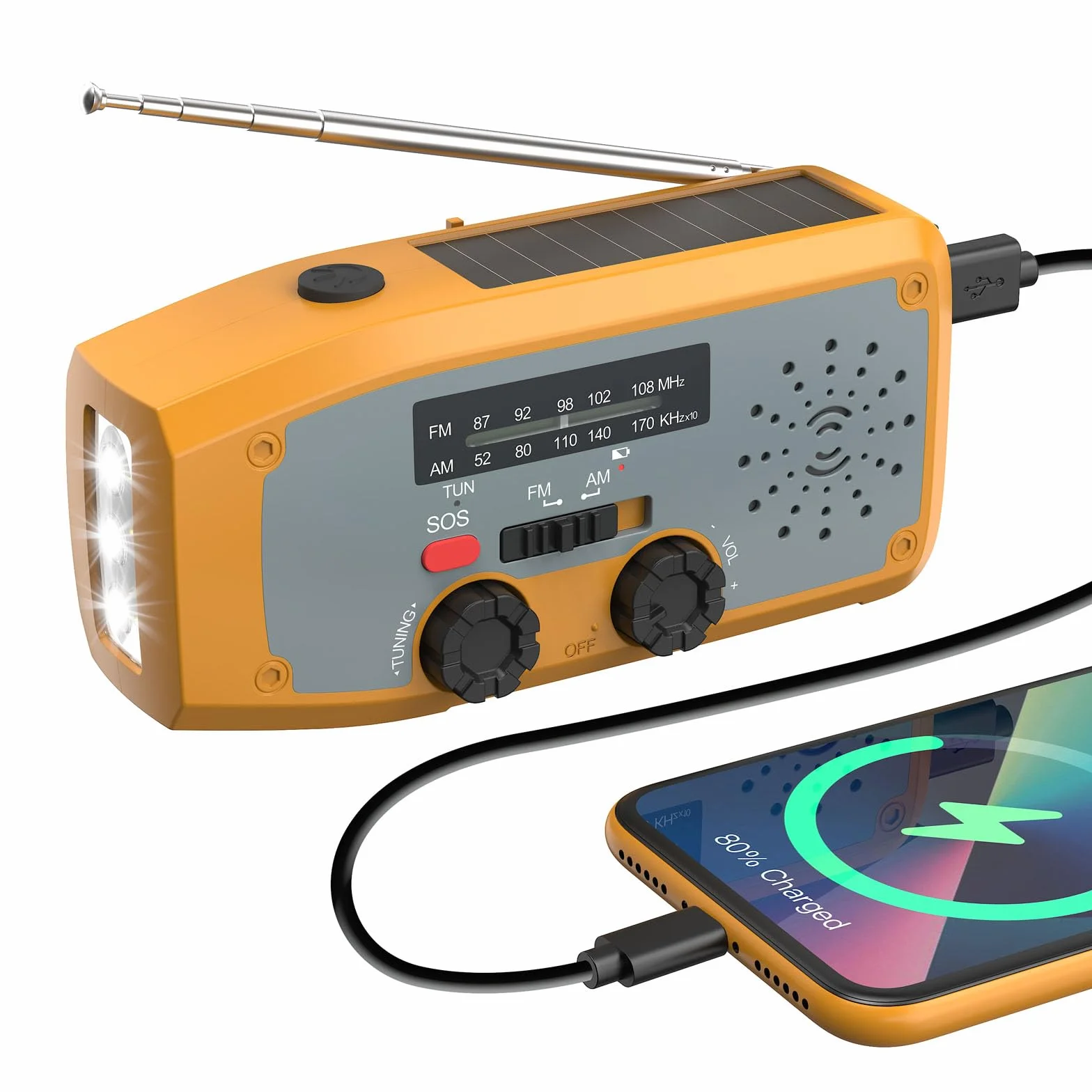 Radio a Manovella, Radio di Emergenza Solare con Torcia a LED, Allerta SOS, AM/FM Radio Solare con Power Bank da 2000 mAh per Campeggio Emergenze, Arancione