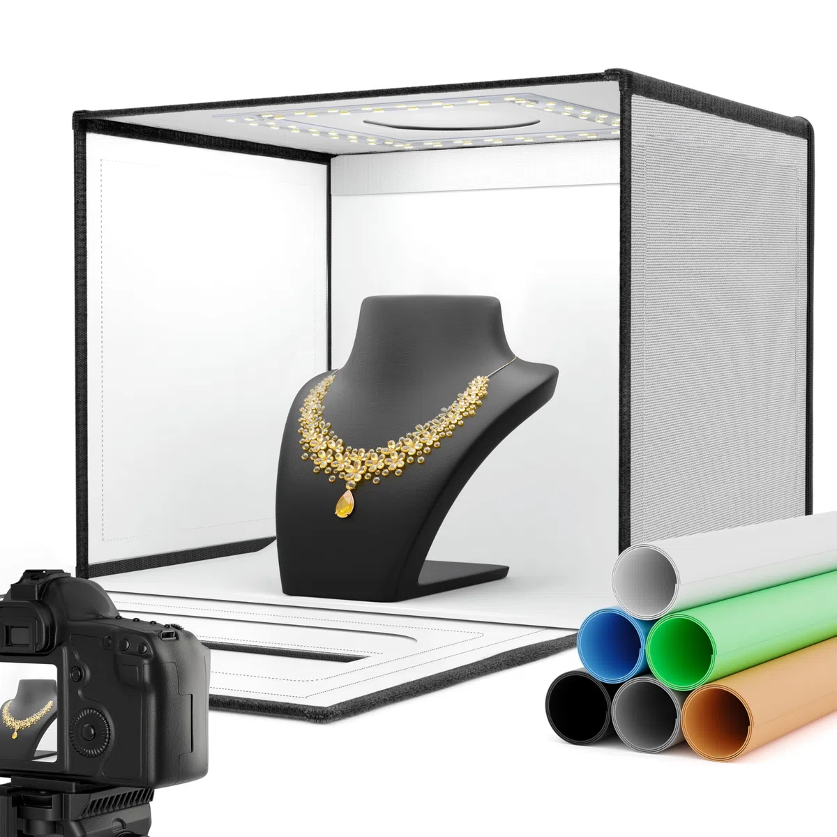 RALENO Studio Fotografico 40x40x30 cm Scatola Luce, Foto Box Portatile con Luce Regolabile 24W 5500K 97 CRI con 6 Sfondi in PVC per Fotografia