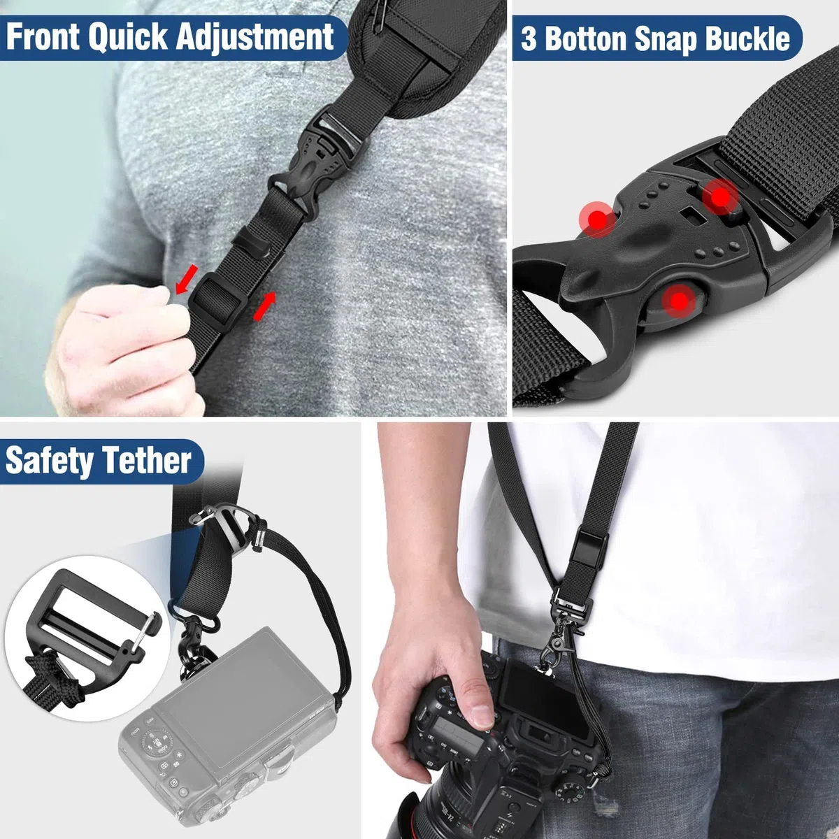 Tracolla Macchina Fotografica, Sgancio Rapido Regolabile Reflex Nylon con Corda di Sicurezza e Vite, Cinghia Fotocamera per DSLR SLR, Fino a 10 kg (Nero)