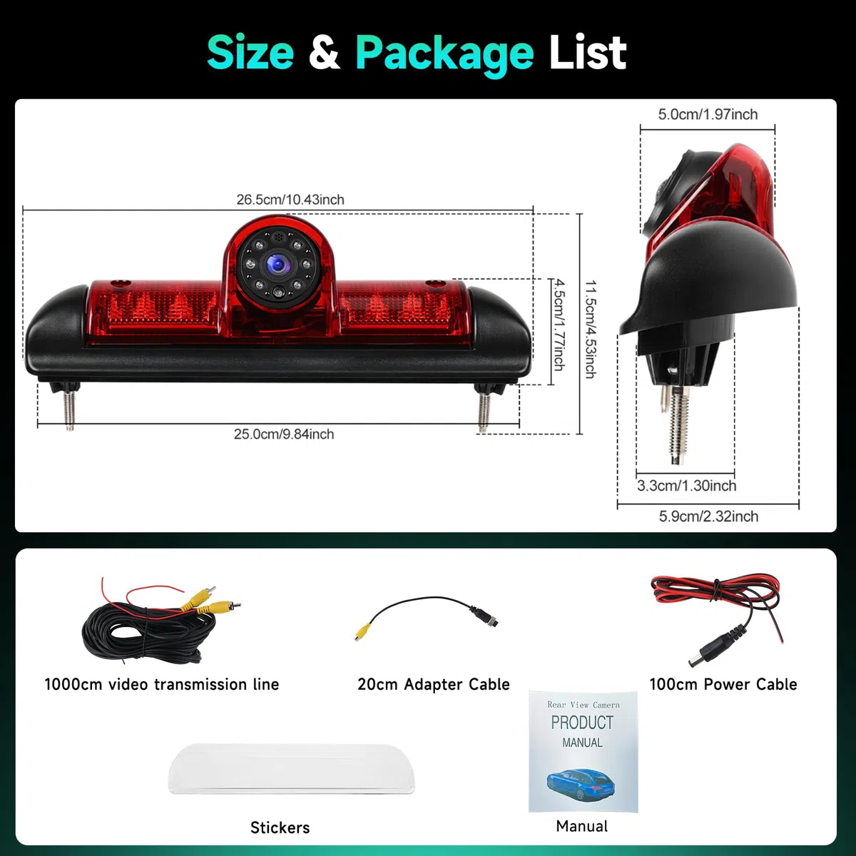 Rimoody Telecamera Posteriore per FIAT Ducato 3/Peugeot Boxer/Citroen Jumper, Telecamera per Terza Luce di Stop, Visione Notturna a IR, Angolo Regolabile, Impermeabile IP67, con Linea di Retromarcia