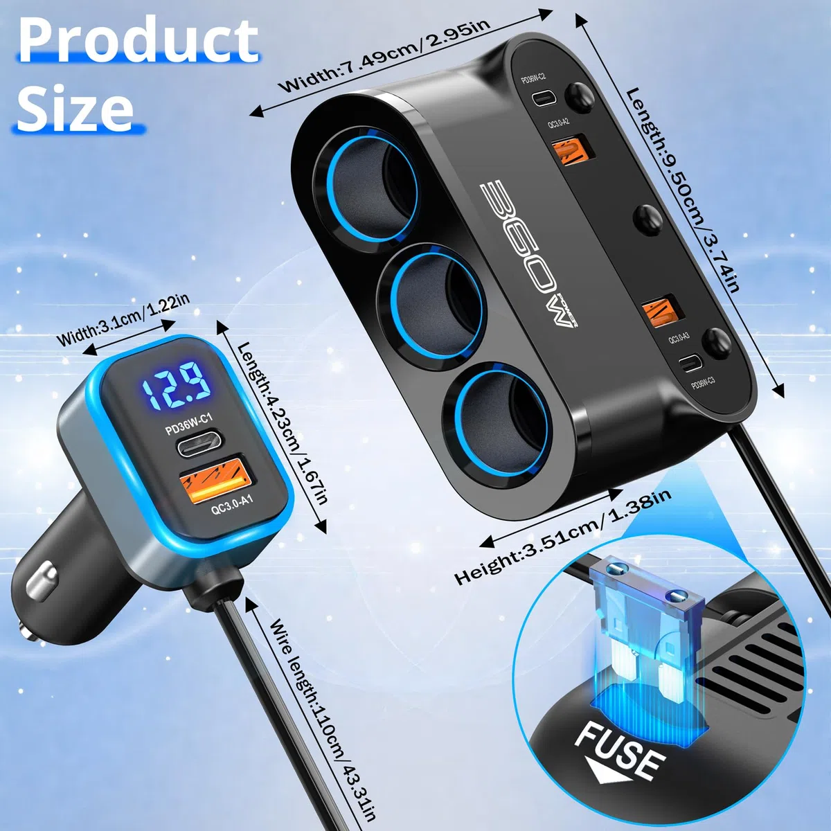 360W Avanzato 9 IN 1 Multi Presa Accendisigari Sdoppiatore per Auto, 36W PD USB Caricatore Adattatore Accendisigari 12V/24V con Interruttore Voltmetro Ricarica Rapida iPhone, Samsung, Dash Cam