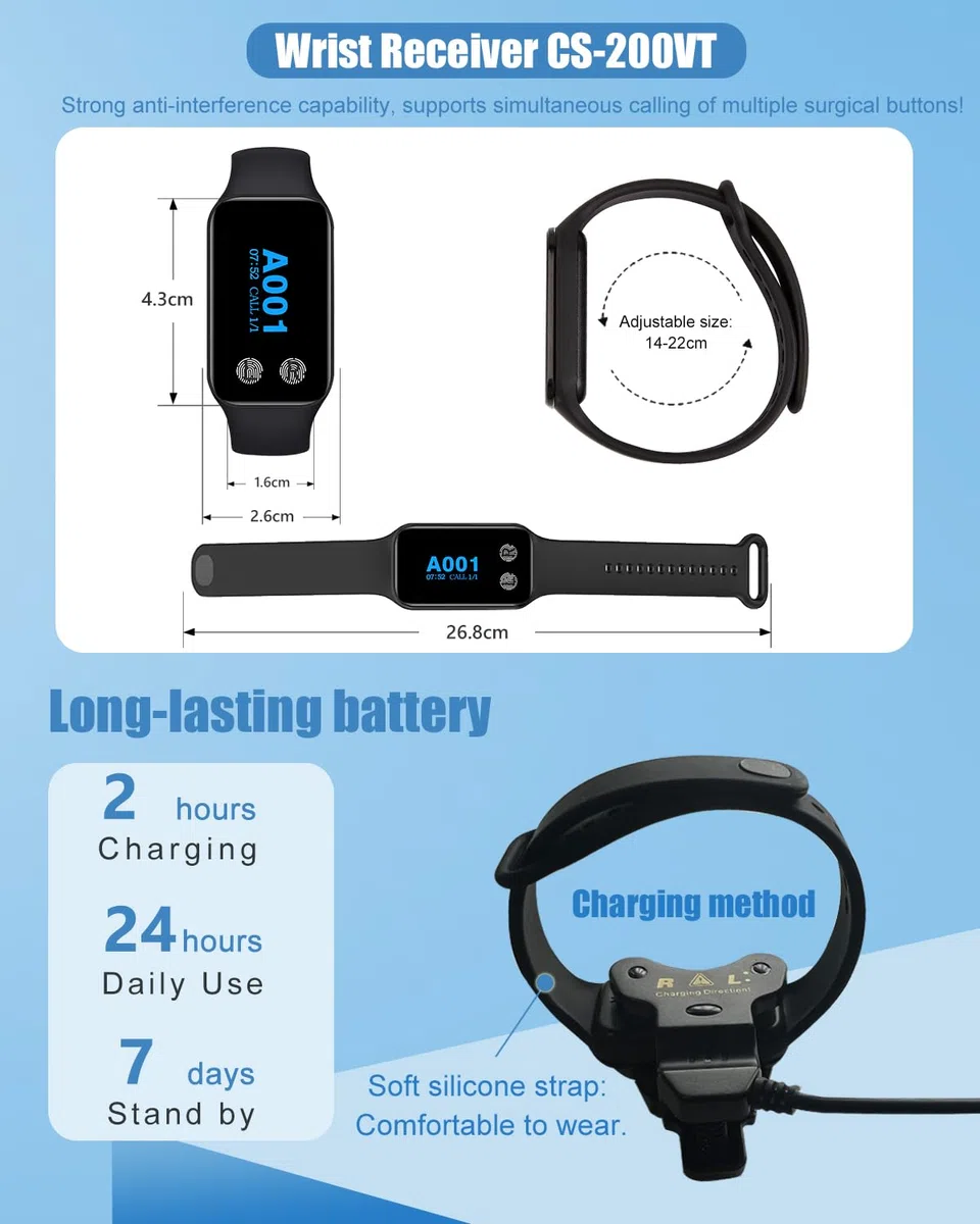 Sistema di chiamata wireless per camerieri per ristoranti e uffici, ricevitore wireless da polso con 1 cercapersone da orologio impermeabile e 2 pulsanti di chiamata (200VT+M2)