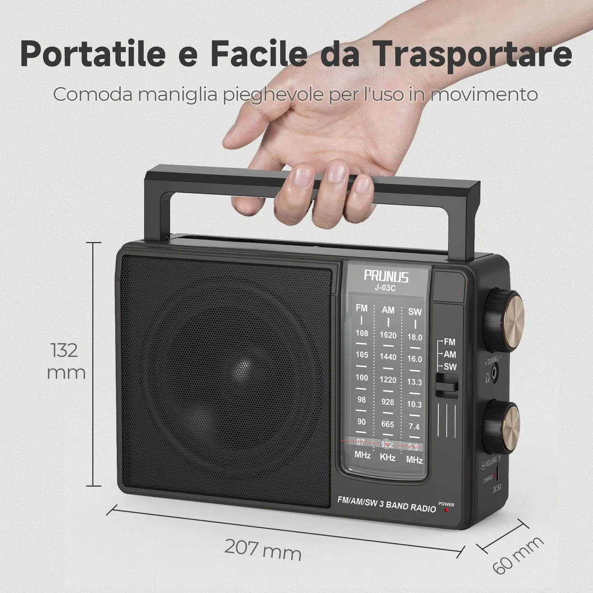 PRUNUS J-03C AM/FM/SW Radio Portatile, Radiolina Portatile Alimentata da Pile (4*AA) o Batteria Ricaricabile USB-C, Radio Portatili Piccola con Jack per Cuffie, Ideale per Cucina, Tavolo e Casa (Nero)