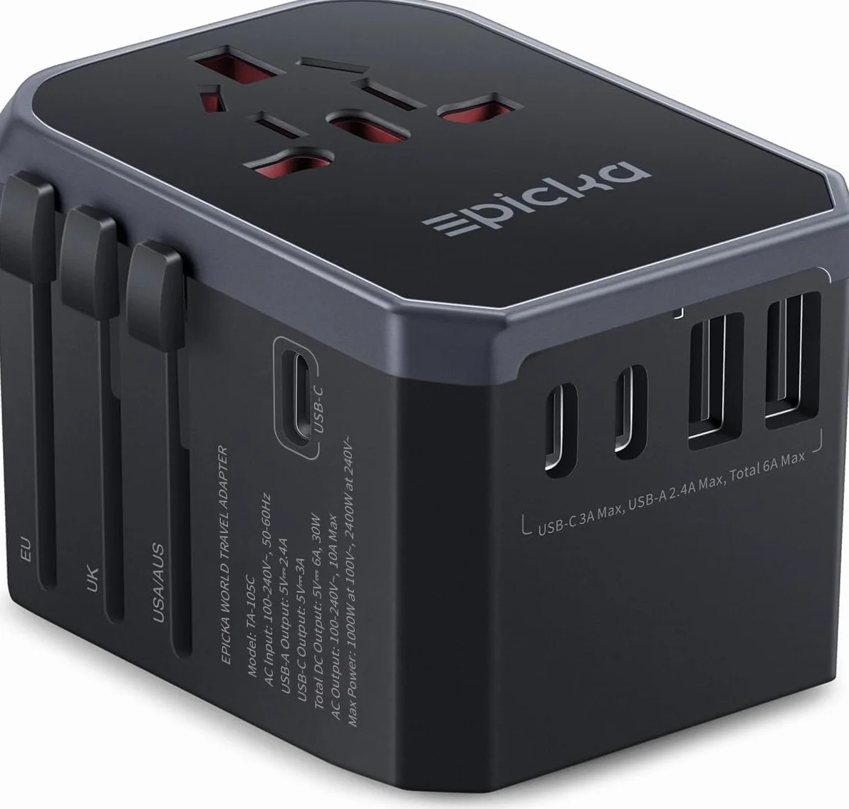 EPICKA Adattatore Universale da Viaggio 30W, Adattatore Presa Universale da Viaggio, Adattatore Giappone da Viaggio con 3 USB-C, 2 USB-A, Adattatore Spina per Italia USA UK Australia, Nero