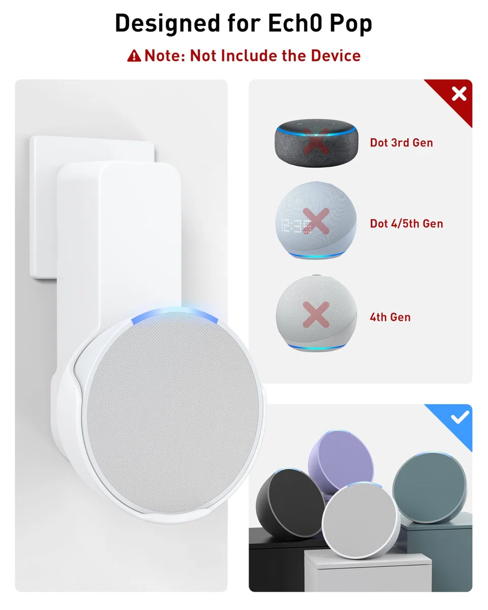 Maxonar Staffa a Parete Ech0 PoP, Staffa Salvaspazio per Supporto Presa Ech0 PoP, Gestione cavi Integrata, Non Richiede Foratura, Adatto per Soggiorno, Cucina, Camera da Letto, Bagno, Bianco