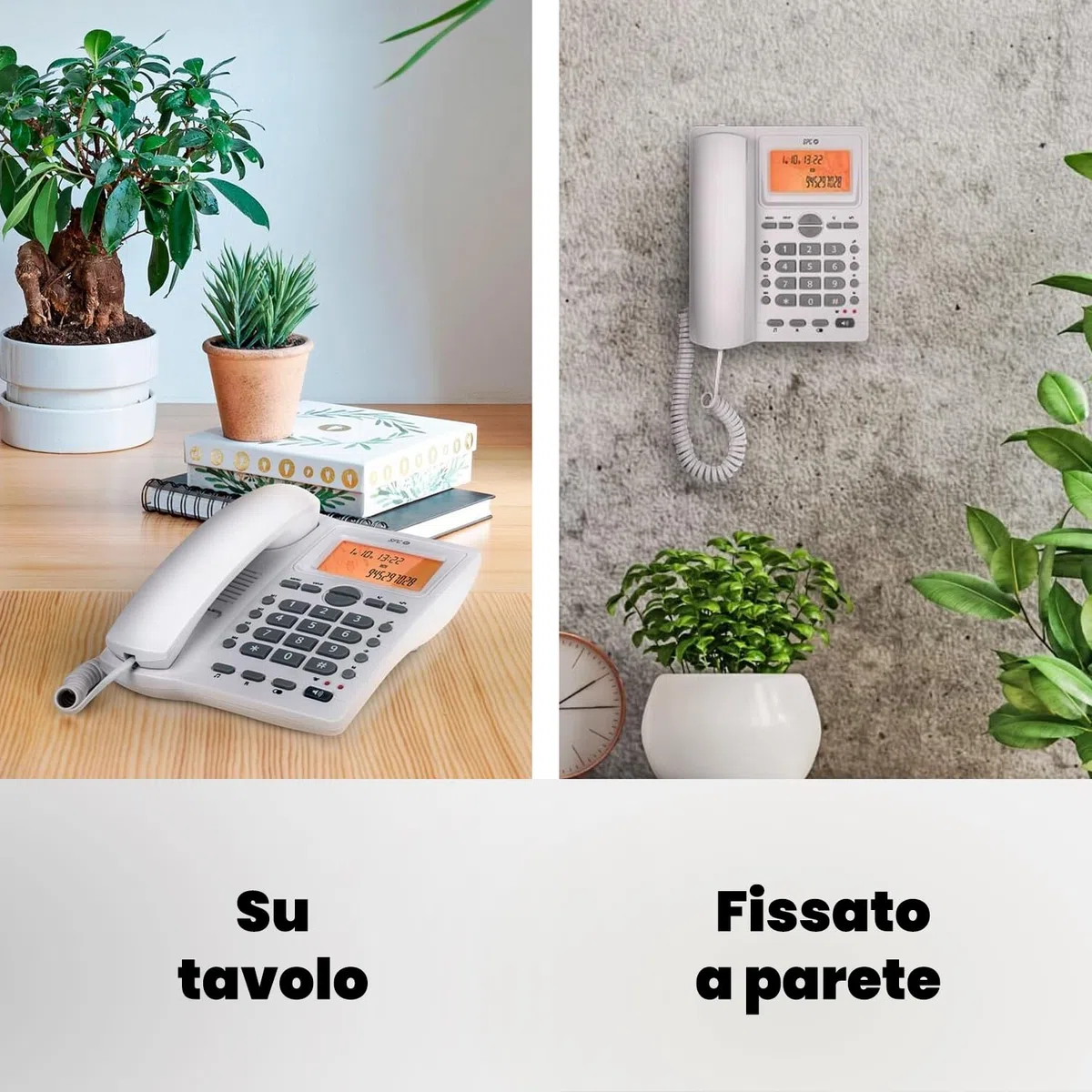 SPC Office ID 2 - Telefono fisso con display illuminato, 4 memorie dirette e 10 indirette, 2 livelli di suoneria, ID chiamante, segnale luminoso, vivavoce, da tavolo o a parete - Bianco