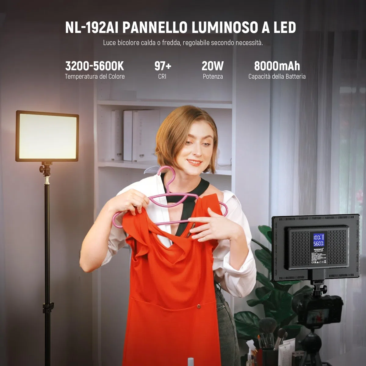 NEEWER Pannello Luce Video a 192 LED, Luce Fotocamera DSLR Ultra Sottile Bicolore Dimmerabile 20W, Batteria al Litio 4000mAh, 3200K-5600K CRI97+, Key Light per Fotogragrafia Riprese e Streaming Studio