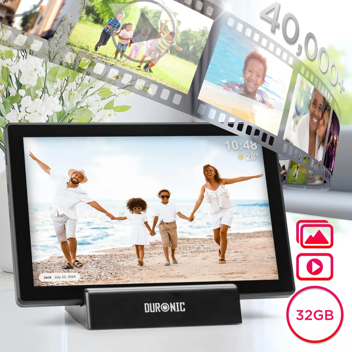 Duronic PF1D BK Cornice Digitale da 10,1 pollici Wi-Fi, Touch Screen IPS 1280x800, Memoria 32GB, USB-C, Stand Ricarica, Frameo App – Cornice Foto Elettronica Nero per Condivisione Immagini