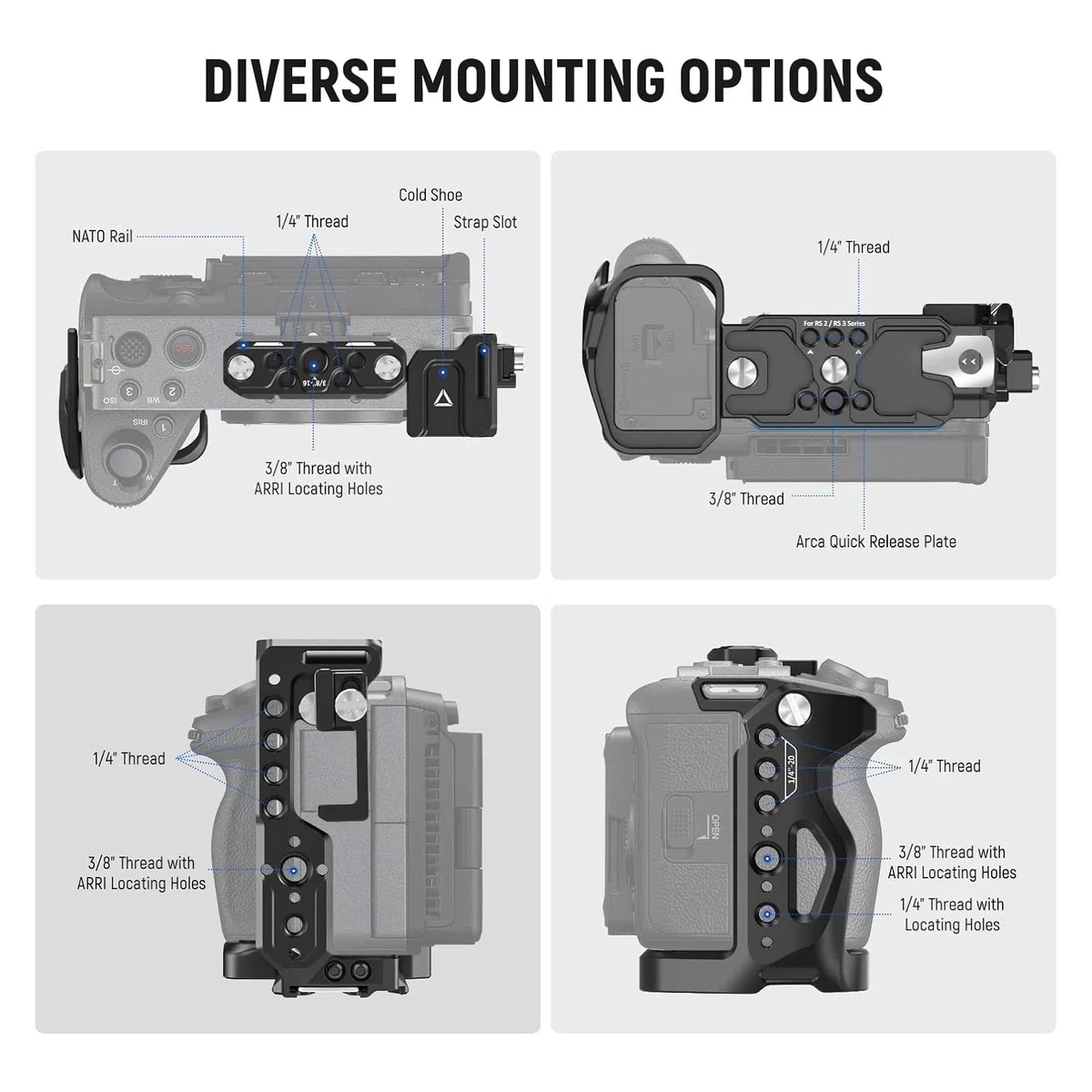 NEEWER FX3/FX30 Cage Gabbia per Fotocamera con Morsetto per Cavo HDMI, Guida NATO, Fori ARRI da 3/8", Filettatura 1/4" Compatibile con Sony FX3 FX30 Maniglia XLR Originale, Compatibile con DJI RS2 RS3