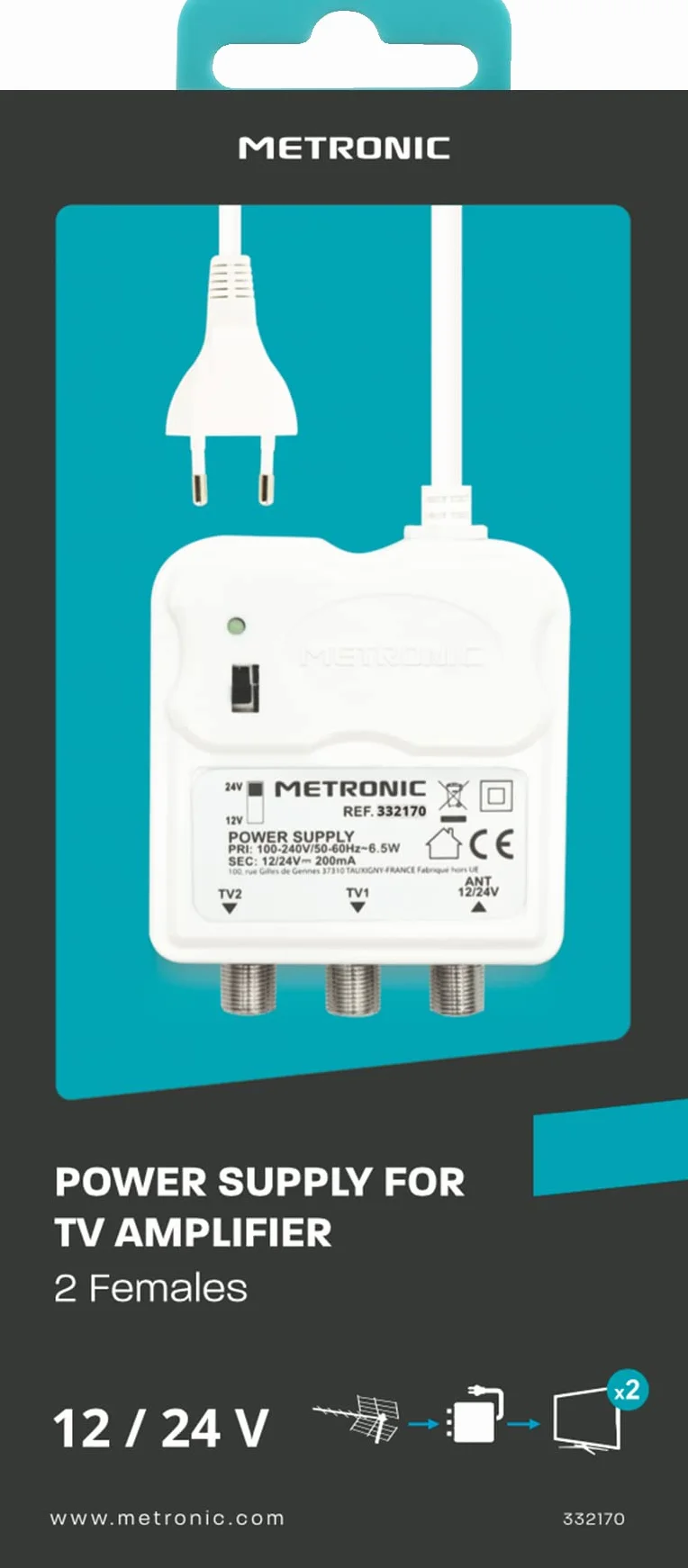 METRONIC 332170 Amplificatore per interni con regolazione del guadagno, 2 uscite TV 9,52 mm - Alimentazione 12/24 V per amplificatore TV - Alimentazione elettrica - Bianco