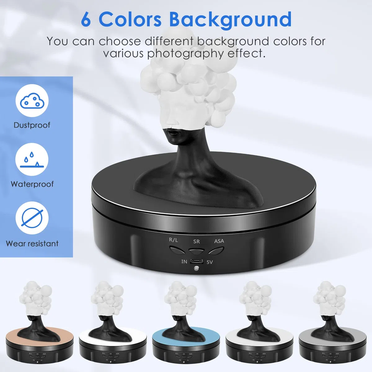 Base Girevole Elettrica, VAYOTOY 6 pollici / 14,6 cm Piatto Girevole Elettrico 10 kg Piccolo Piattaforma Girevole con 6 Fogli di Sfondo Ricarica USB 3 Velocità Regolabili per Display e Fotografia