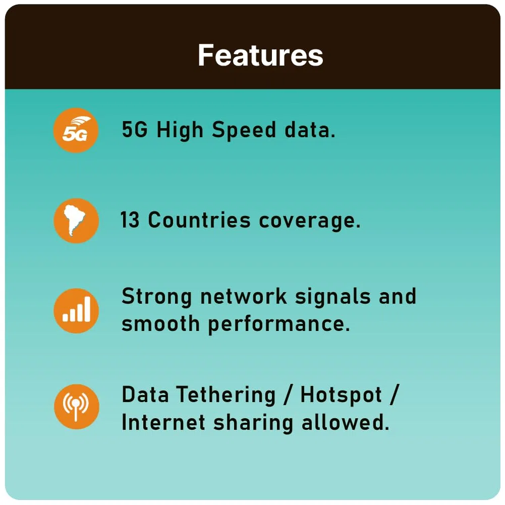 Scheda SIM TSIM Sud America 30 giorni – 6 GB | Rete multi-operatore 5G/4G (hotspot consentito) | Utilizzabile in Brasile, Cile, Colombia, Argentina, Ecuador e altri Paesi | Attivazione automatica.