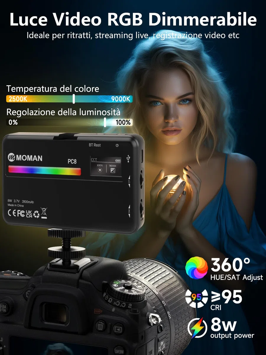 Moman PC8 Luce Video Professionale RGB Pannello LED 3100mAh con App Control, 13 Effetti Luce per Fotocamera/Streaming/YouTube